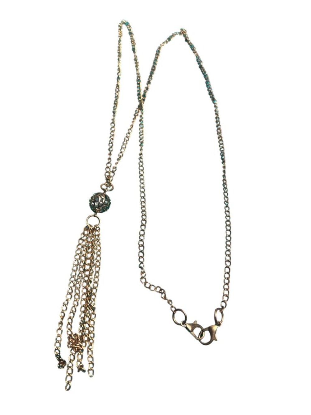 Goldtone Filigree Bead Chain Tassel Necklace Lobster Clasps 31 inches Pendant